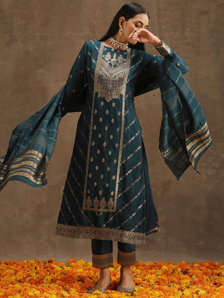 Teal Woven Design Silk Blend Straight Suit Set With Trousers