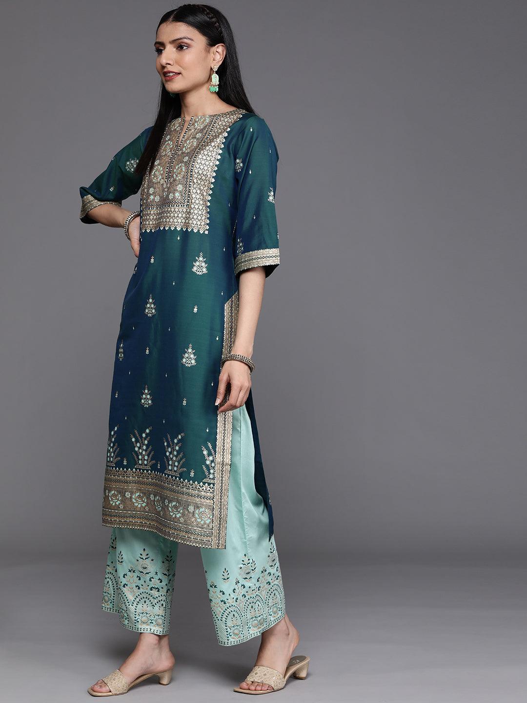 Teal Yoke Design Chanderi Silk Kurta - ShopLibas