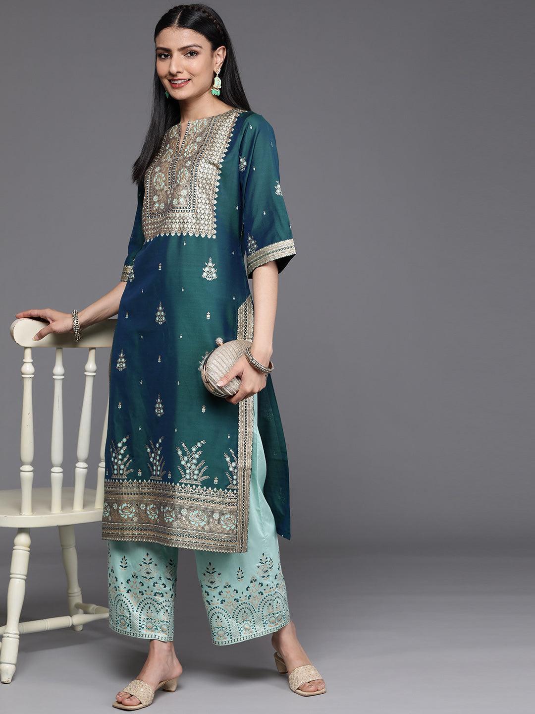 Teal Yoke Design Chanderi Silk Kurta - ShopLibas