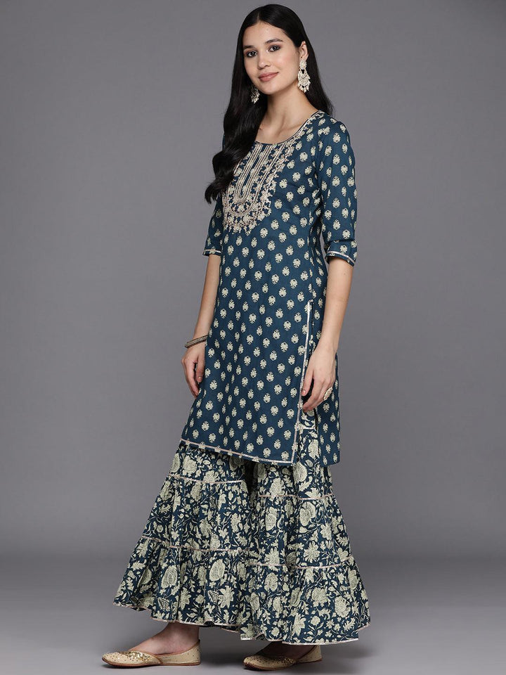 Teal Yoke Design Cotton Straight Kurta With Sharara & Dupatta