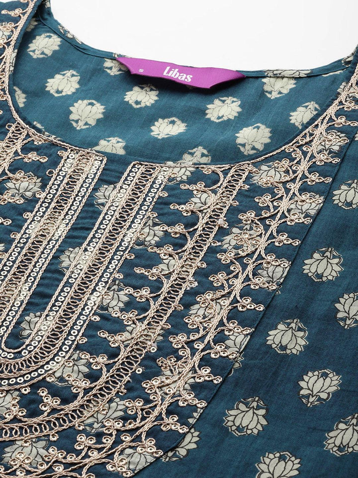 Teal Yoke Design Cotton Straight Kurta With Sharara & Dupatta