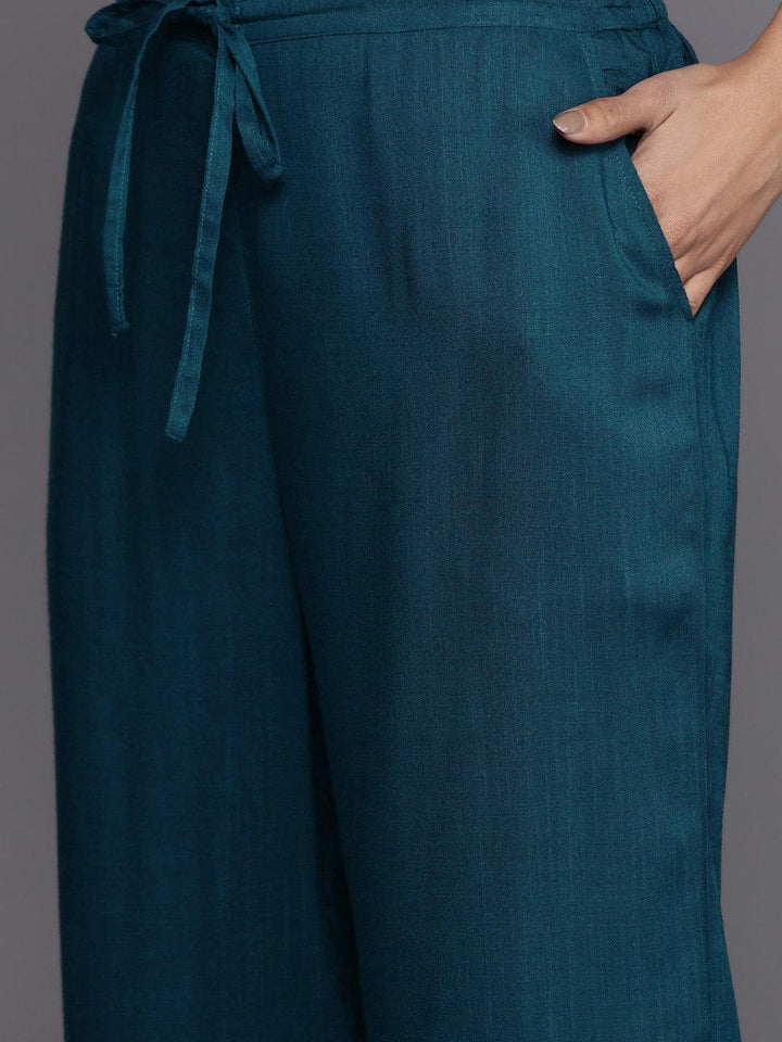 Teal Yoke Design Rayon Suit Set With Trousers