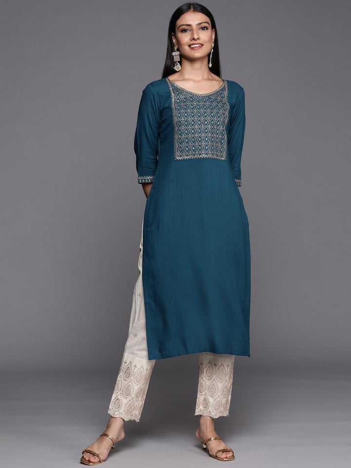 Teal Yoke Design Rayon Straight Kurta