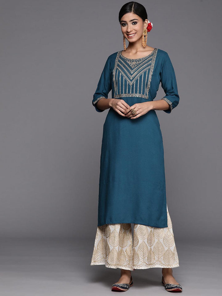 Teal Yoke Design Rayon Straight Kurta
