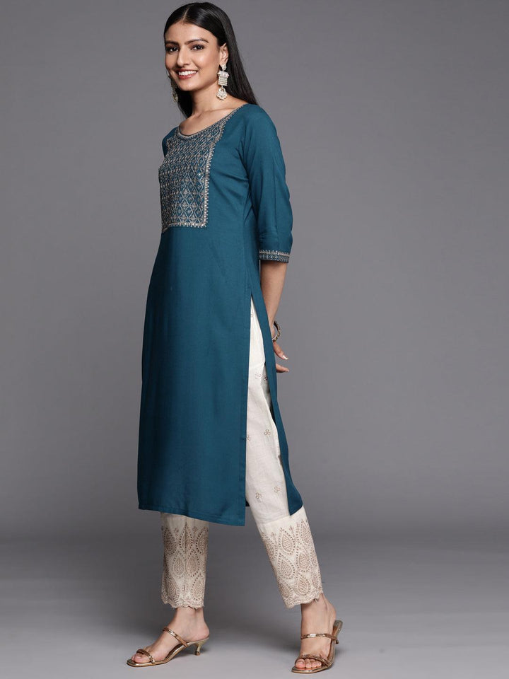 Teal Yoke Design Rayon Straight Kurta