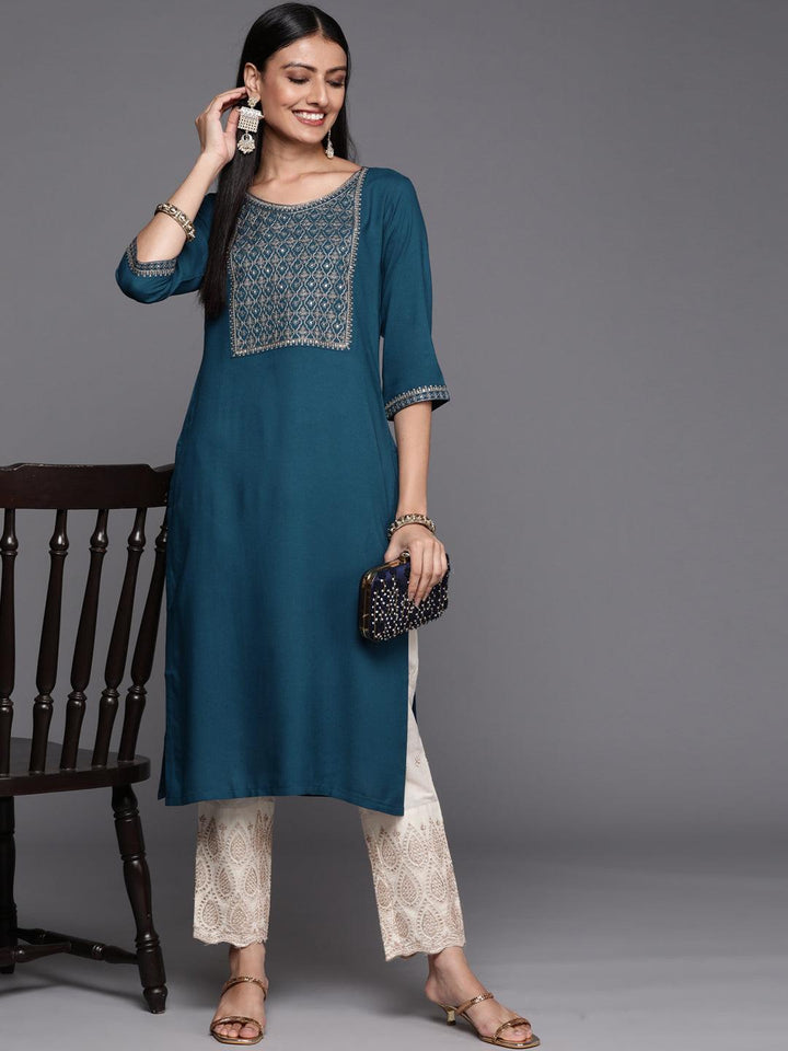 Teal Yoke Design Rayon Straight Kurta