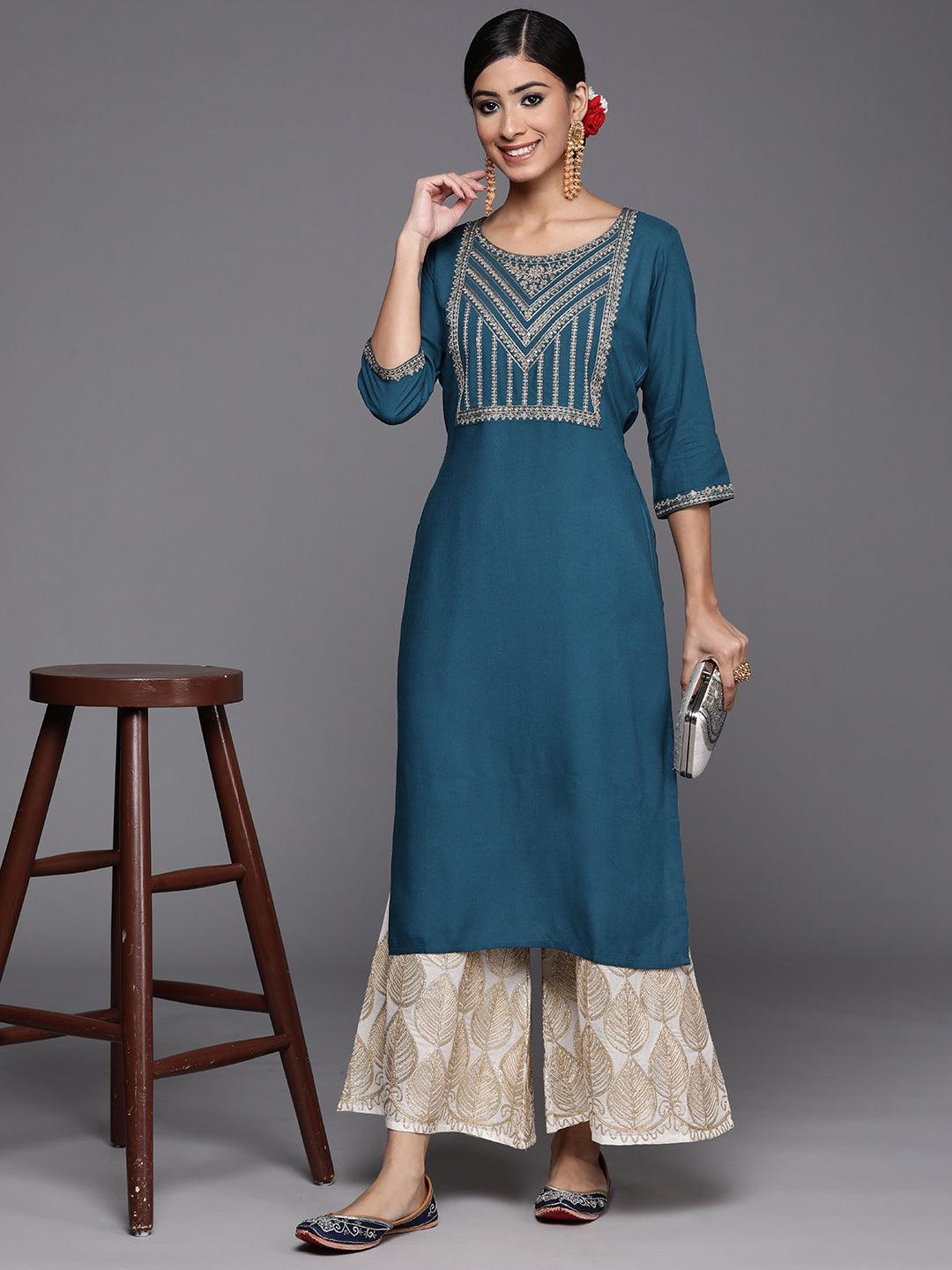 Teal Yoke Design Rayon Straight Kurta - ShopLibas