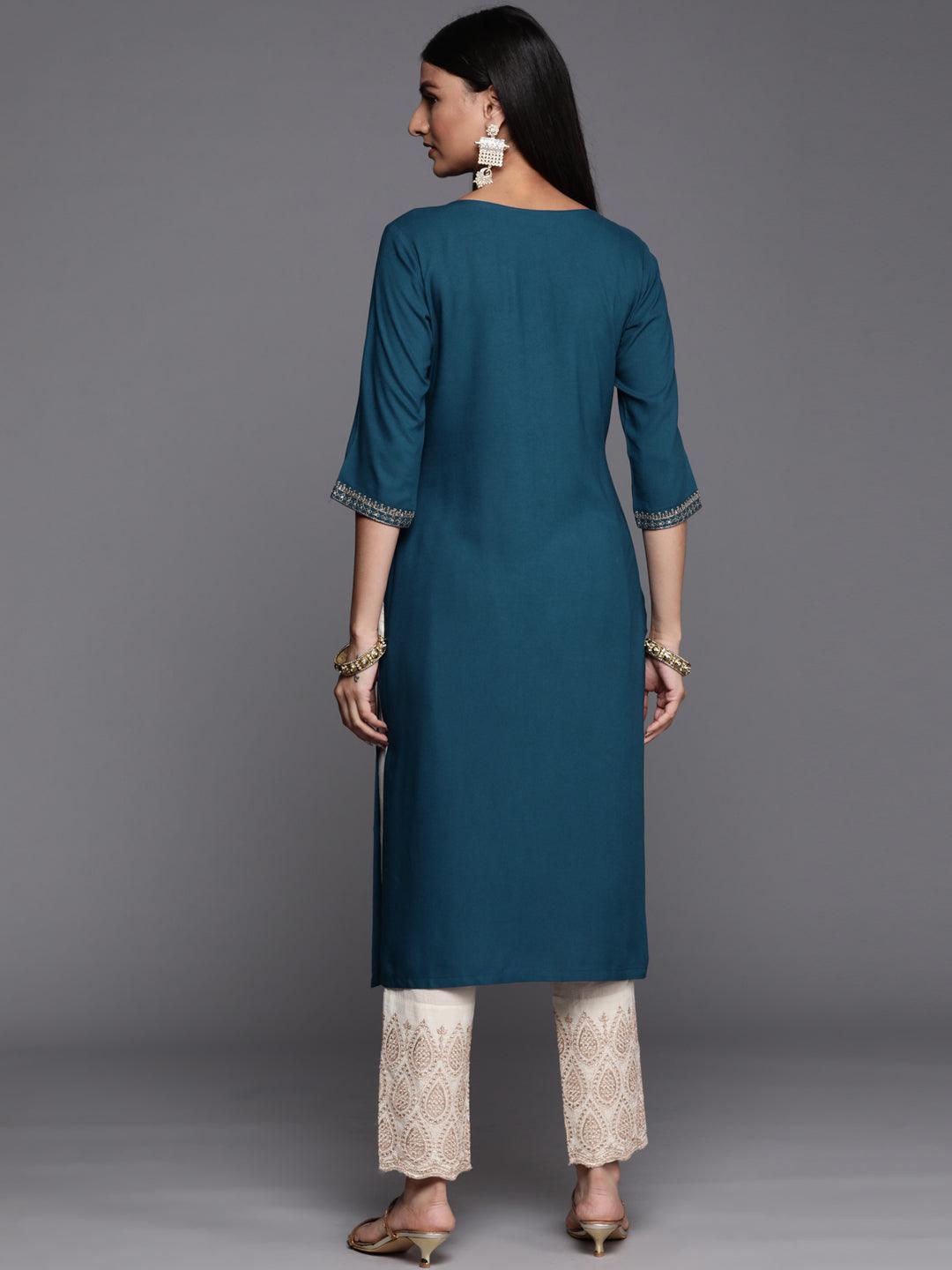 Teal Yoke Design Rayon Straight Kurta - ShopLibas