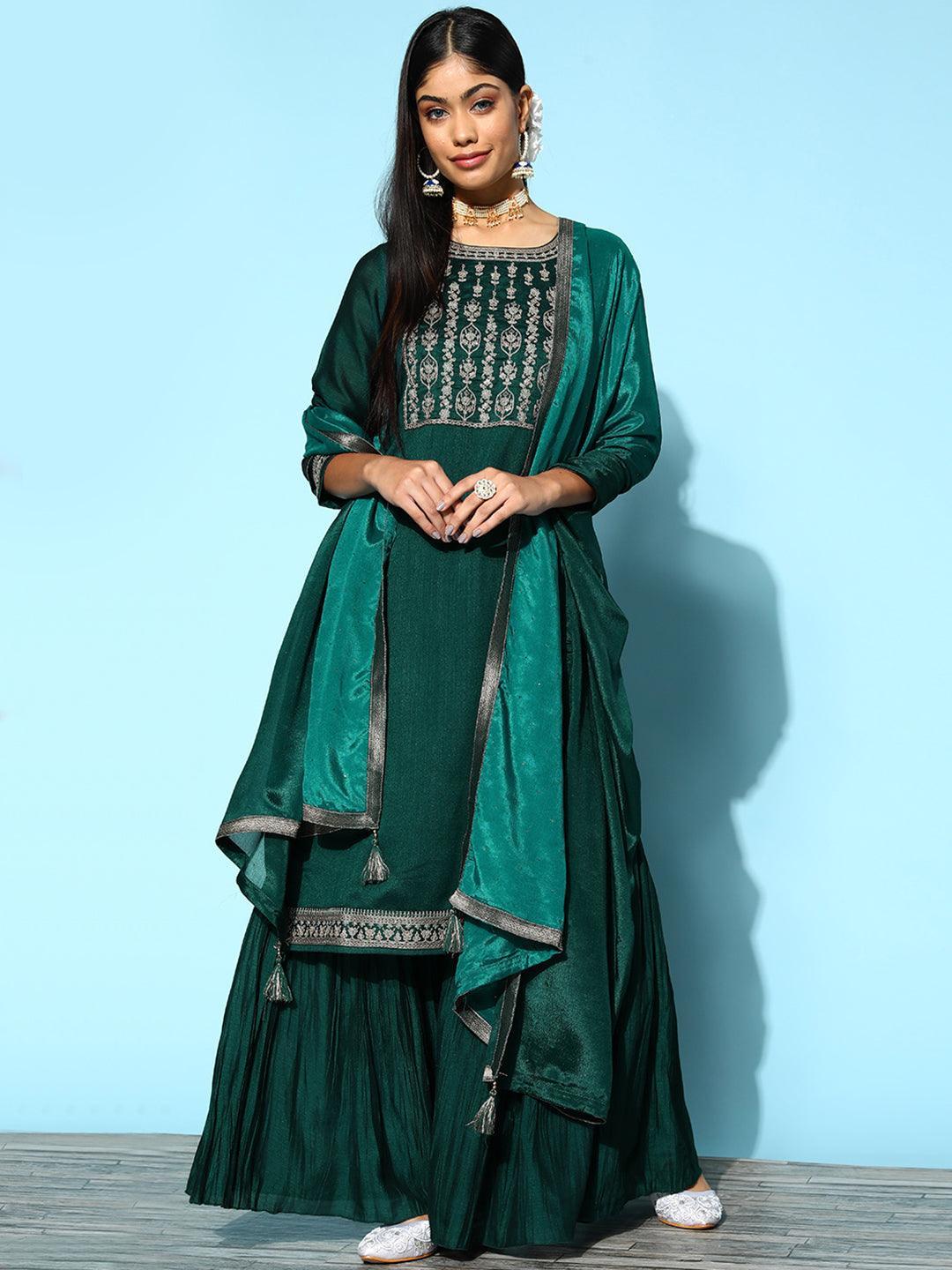Teal Yoke Design Silk Blend Straight Suit Set - ShopLibas