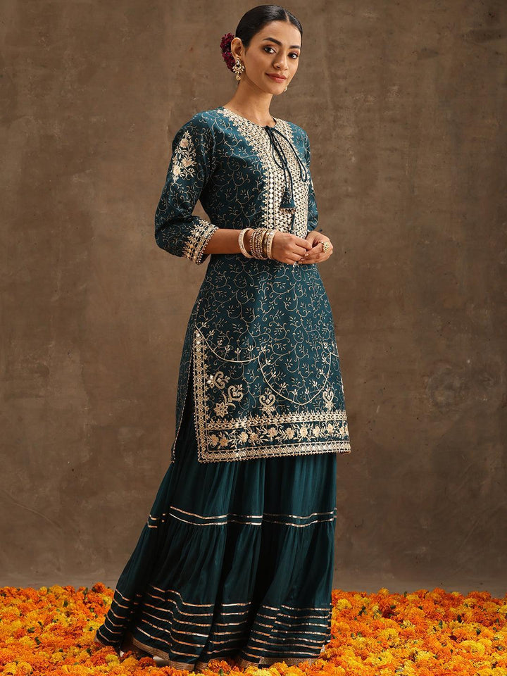 Teal Yoke Design Silk Blend Suit Set With Sharara