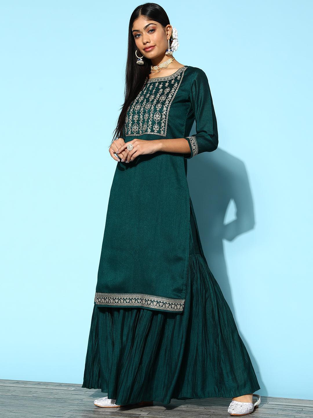 Teal Yoke Design Silk Blend Straight Suit Set - ShopLibas