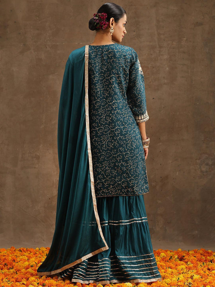 Teal Yoke Design Silk Blend Suit Set With Sharara