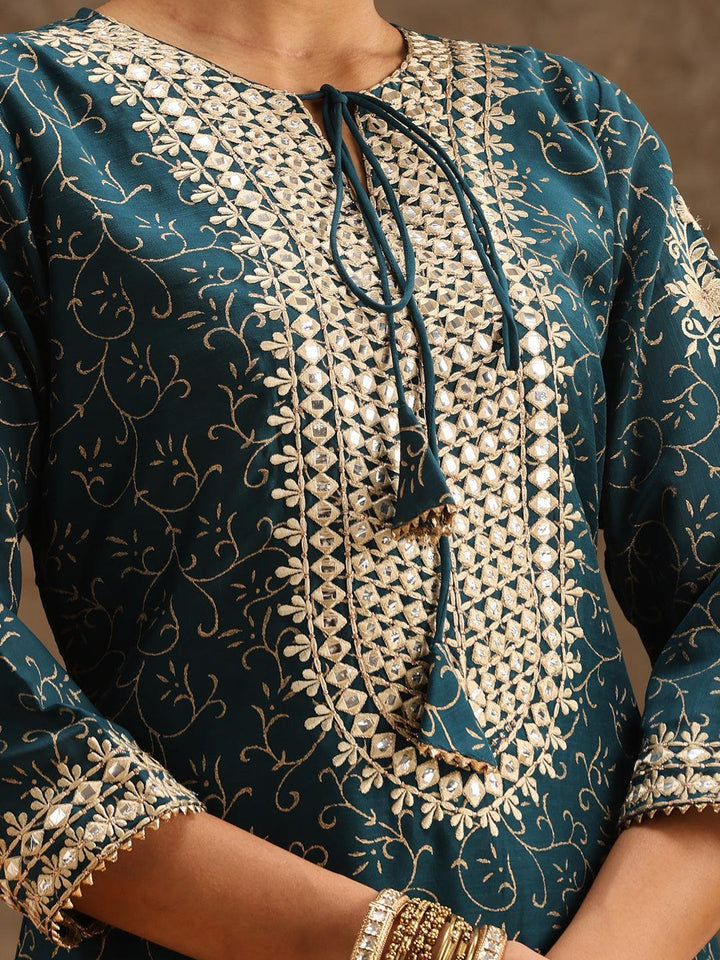 Teal Yoke Design Silk Blend Suit Set With Sharara