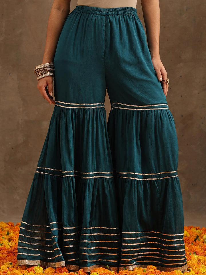 Teal Yoke Design Silk Blend Suit Set With Sharara