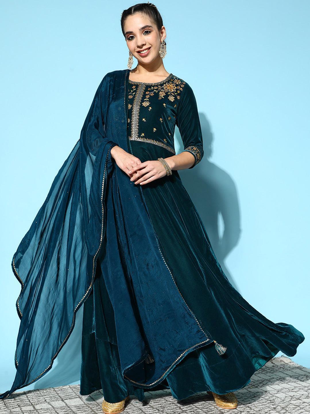 Buy Teal Yoke Design Velvet Anarkali Suit Set Online in USA at $87.00