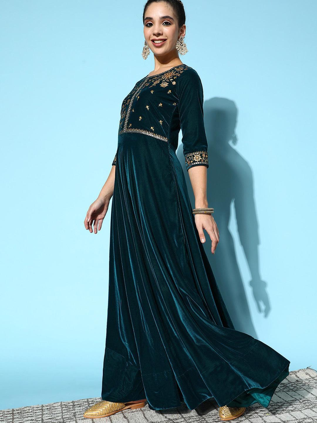 Teal Yoke Design Velvet Anarkali Suit Set - ShopLibas
