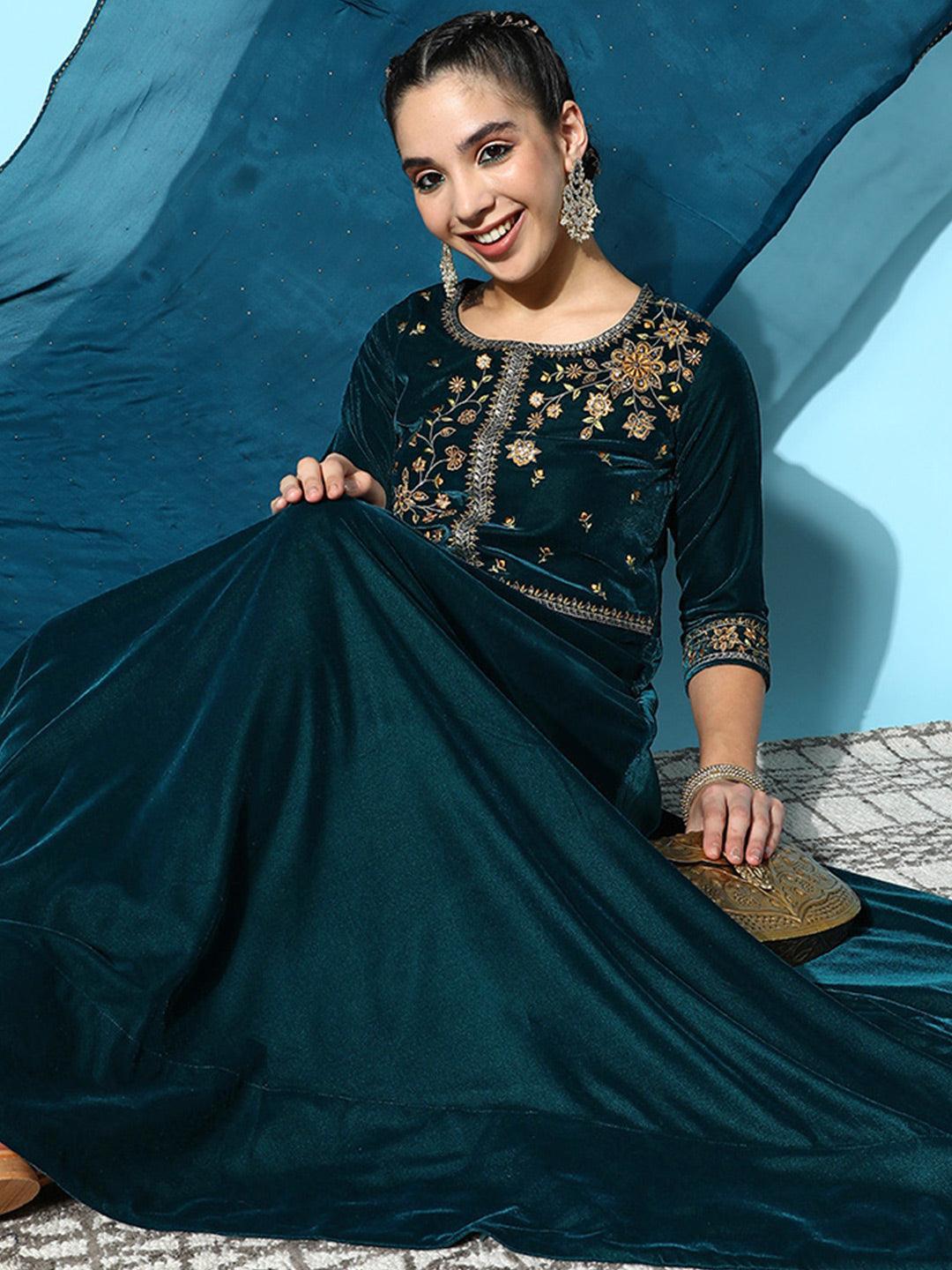 Teal Yoke Design Velvet Anarkali Suit Set - ShopLibas