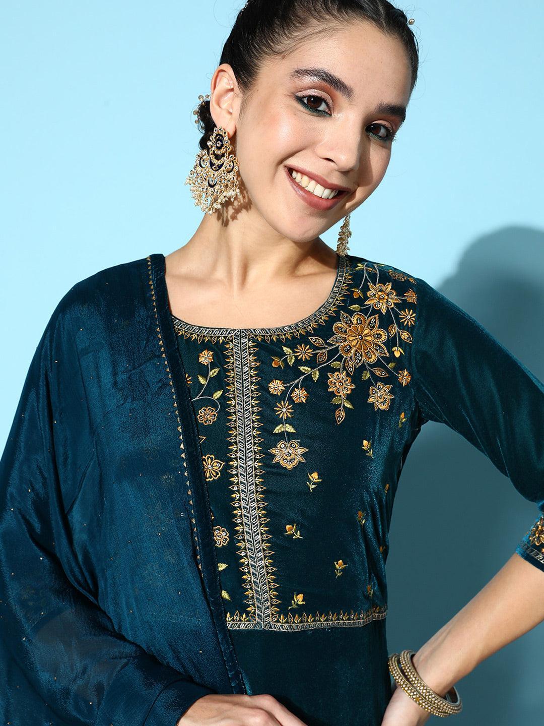 Teal Yoke Design Velvet Anarkali Suit Set - ShopLibas