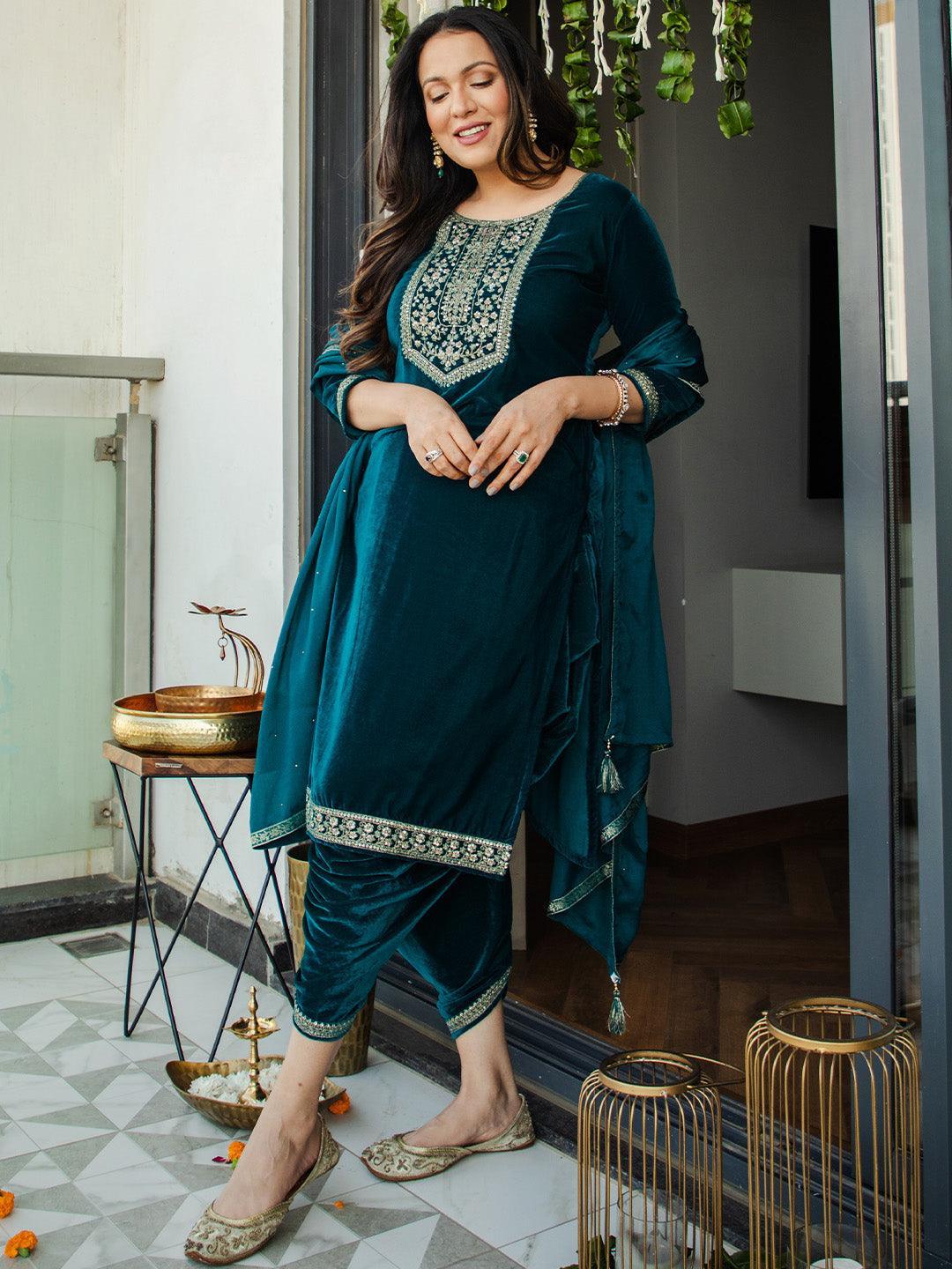 Teal Yoke Design Velvet Straight Suit Set - ShopLibas