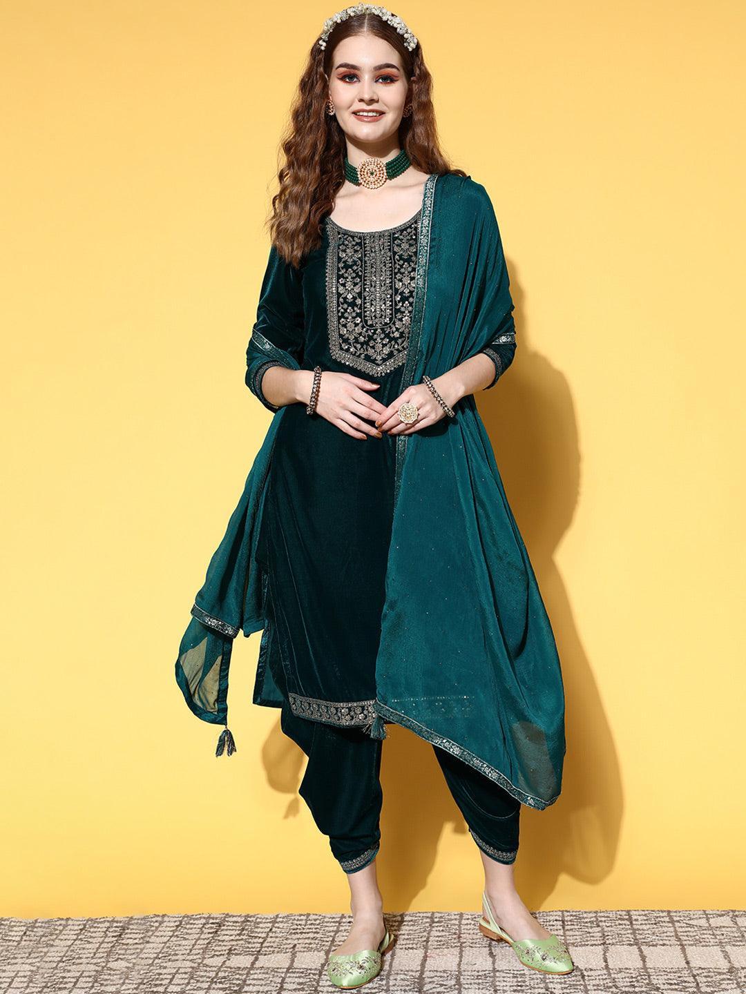 Teal Yoke Design Velvet Straight Suit Set - ShopLibas