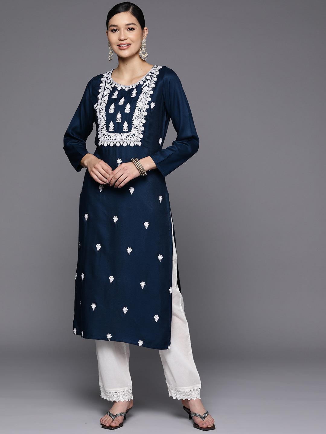 Teal Yoke Design Wool Straight Kurta - Libas
