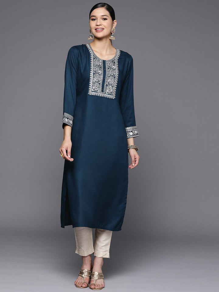 Teal Yoke Design Wool Straight Kurta