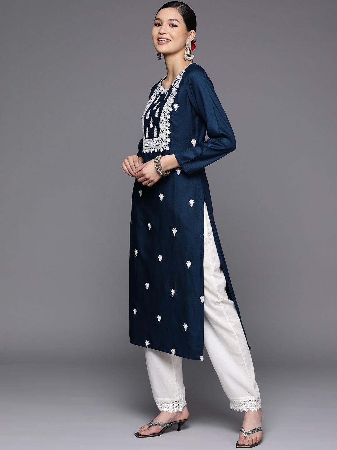 Teal Yoke Design Wool Straight Kurta - Libas