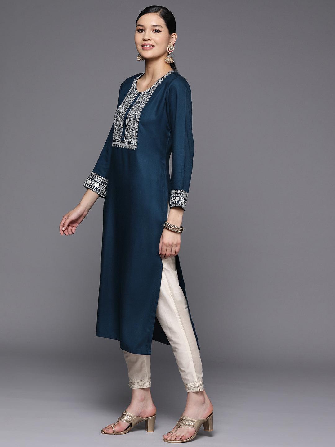 Teal Yoke Design Wool Straight Kurta - Libas