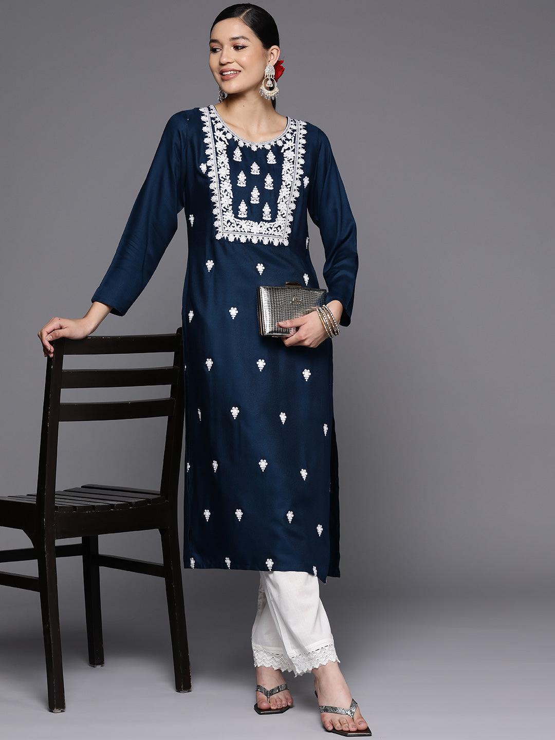 Teal Yoke Design Wool Straight Kurta - Libas