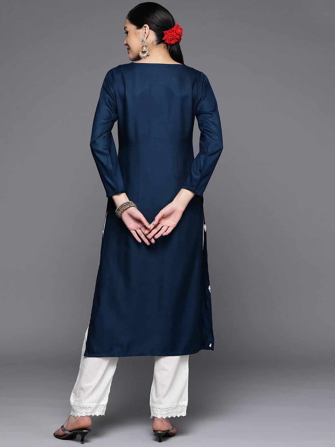 Teal Yoke Design Wool Straight Kurta - Libas