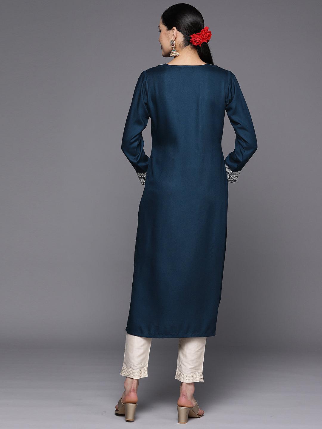 Teal Yoke Design Wool Straight Kurta - Libas