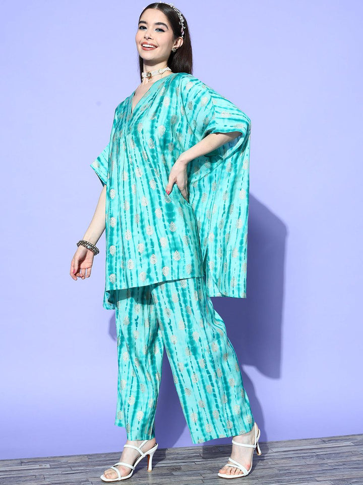 Turquoise Blue Dyed Silk Blend Kaftan Kurta Set With Palazzos