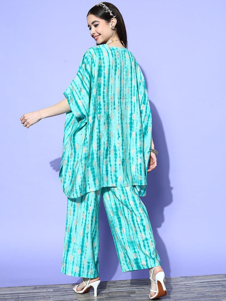 Turquoise Blue Dyed Silk Blend Kaftan Kurta Set With Palazzos