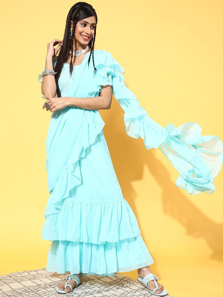 Turquoise Blue Embellished Georgette Ready to wear Saree With Potli