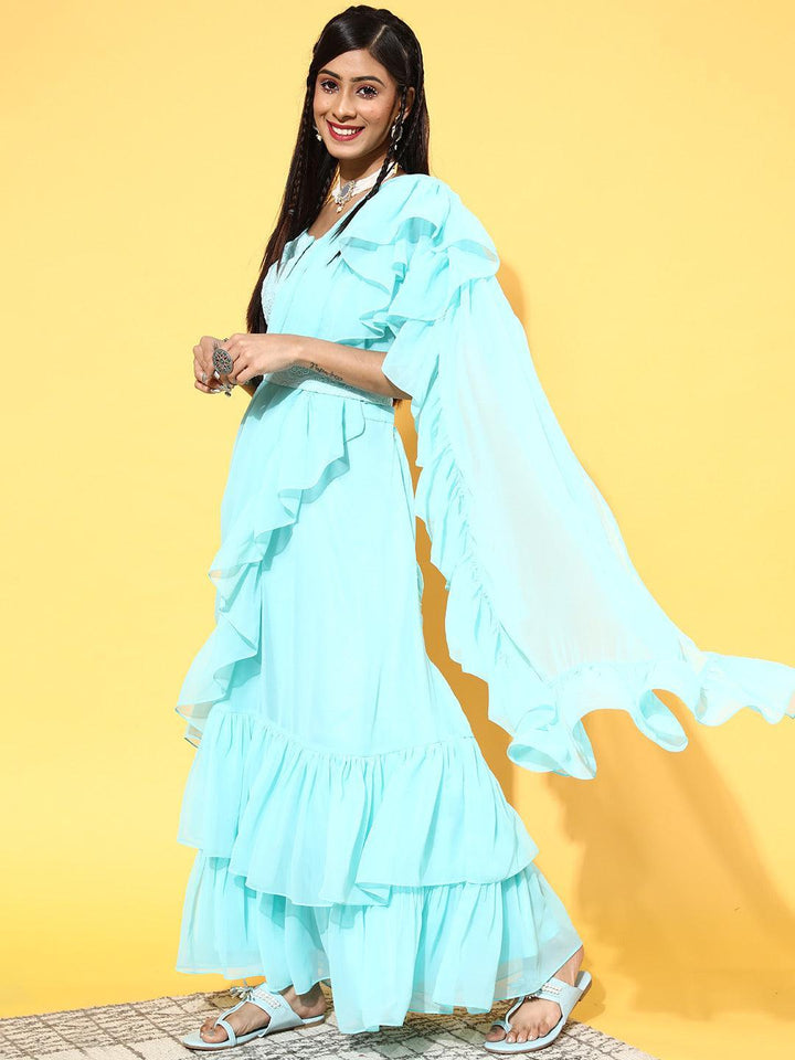 Turquoise Blue Embellished Georgette Ready to wear Saree With Potli