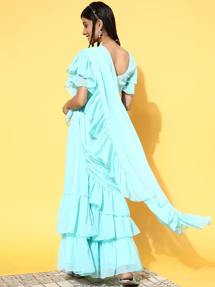 Turquoise Blue Embellished Georgette Ready to wear Saree With Potli