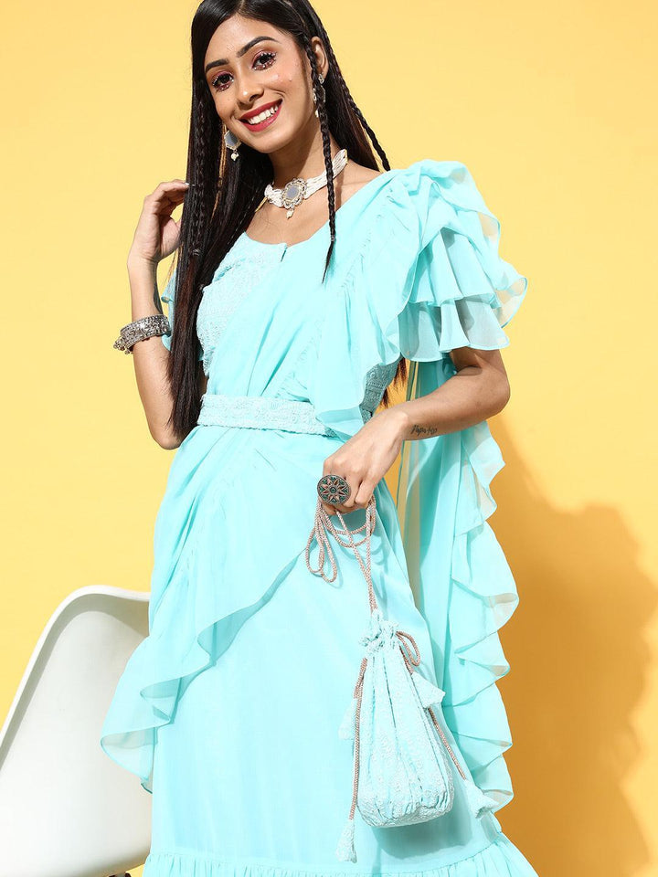 Turquoise Blue Embellished Georgette Ready to wear Saree With Potli
