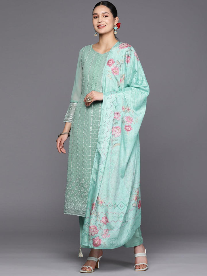 Turquoise Blue Embroidered Georgette Straight Suit Set With Trousers