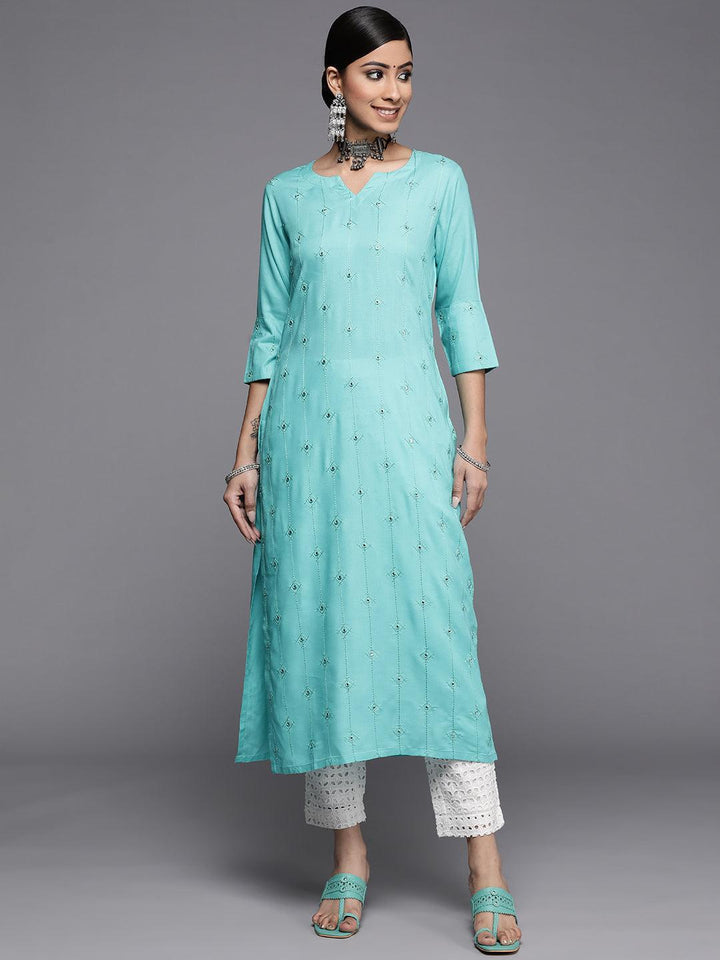 Turquoise Blue Embroidered Rayon Kurta