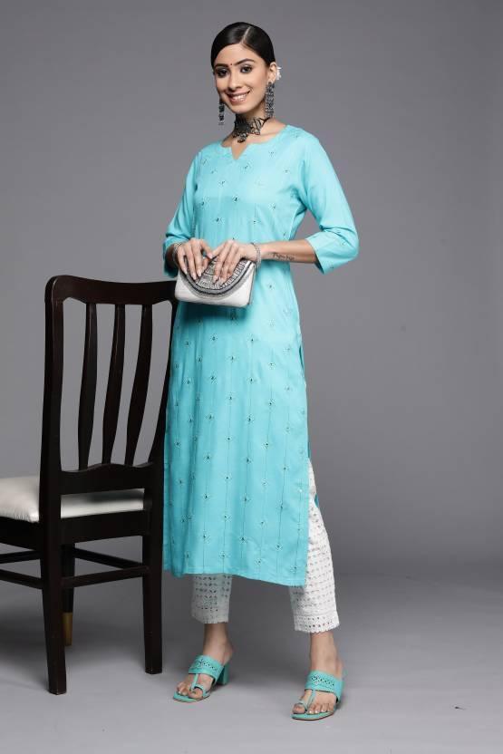 Turquoise Blue Embroidered Rayon Kurta