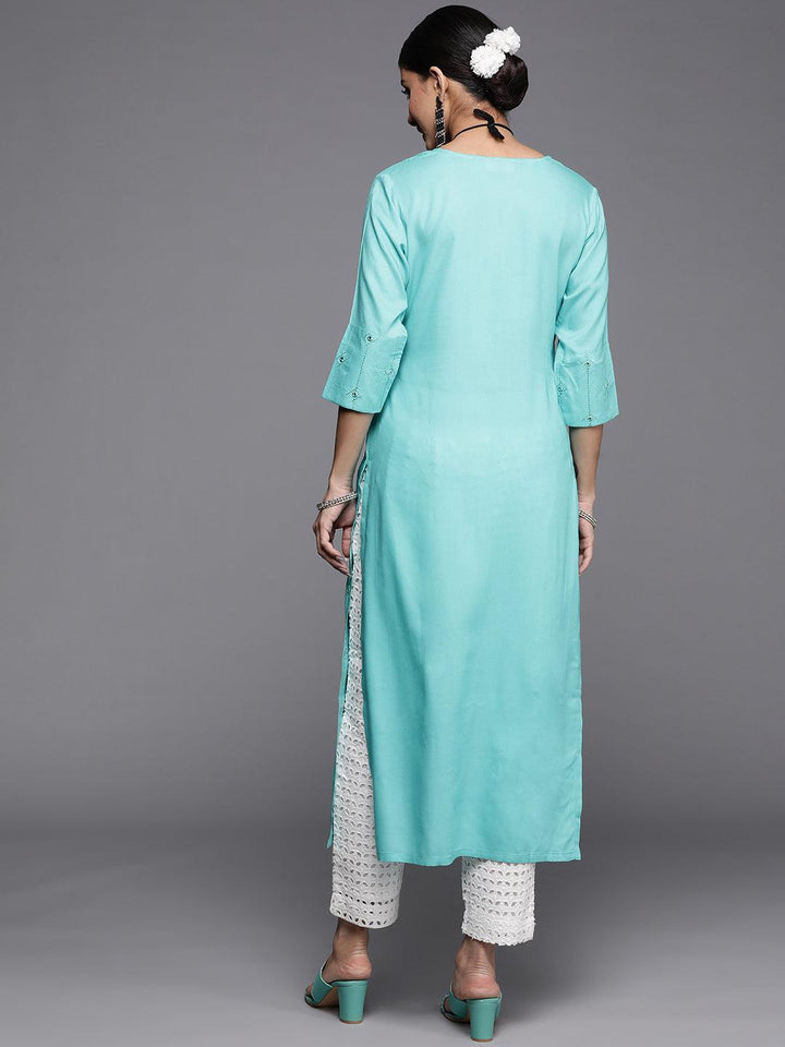 Turquoise Blue Embroidered Rayon Kurta