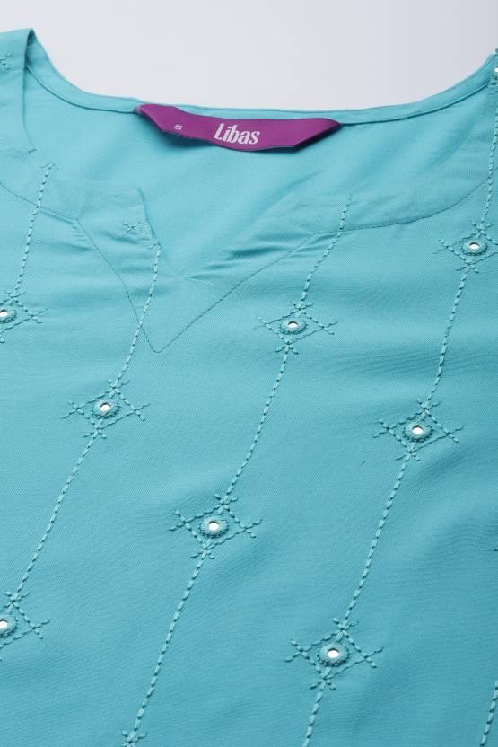 Turquoise Blue Embroidered Rayon Kurta