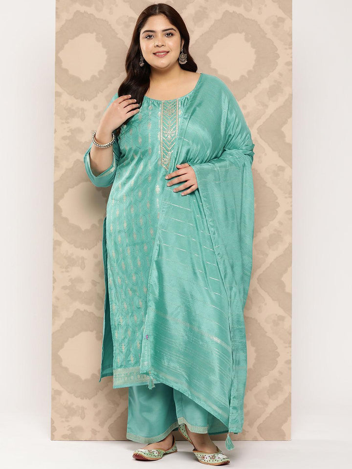 Turquoise Blue Embroidered Silk Blend Straight Kurta With Trousers and Dupatta