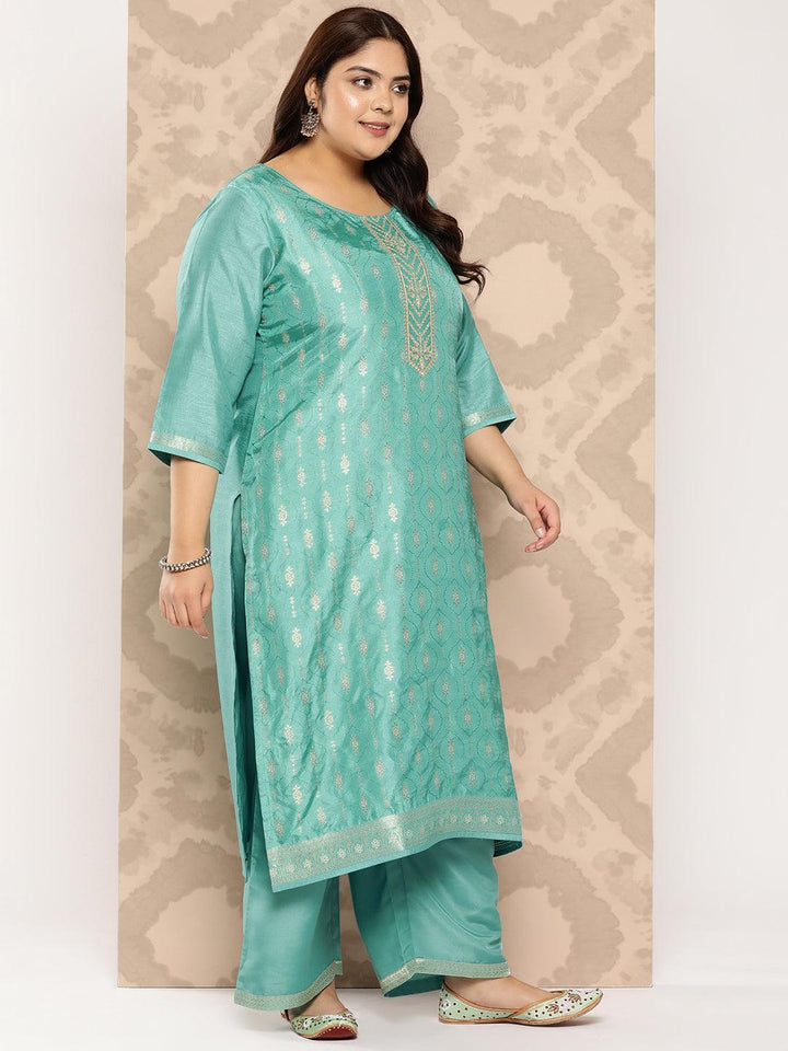 Turquoise Blue Embroidered Silk Blend Straight Kurta With Trousers and Dupatta