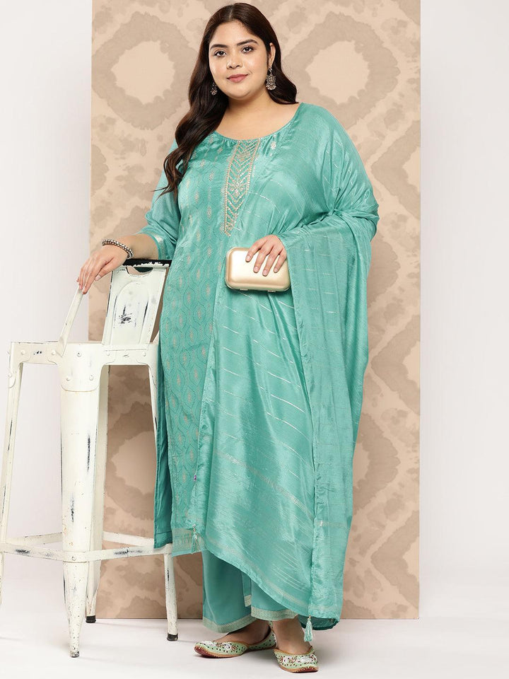 Turquoise Blue Embroidered Silk Blend Straight Kurta With Trousers and Dupatta