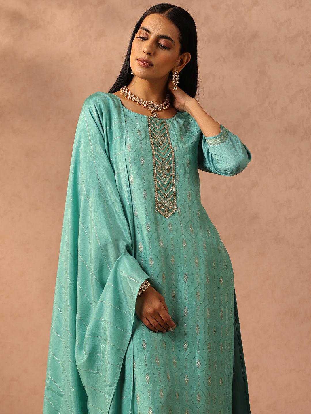 Turquoise Blue Embroidered Silk Blend Suit Set With Trousers - ShopLibas