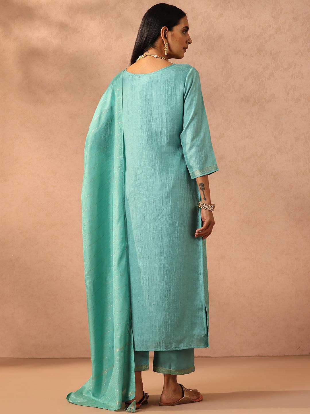 Turquoise Blue Embroidered Silk Blend Suit Set With Trousers - ShopLibas