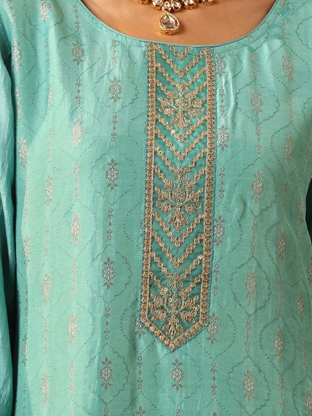 Turquoise Blue Embroidered Silk Blend Suit Set With Trousers - ShopLibas