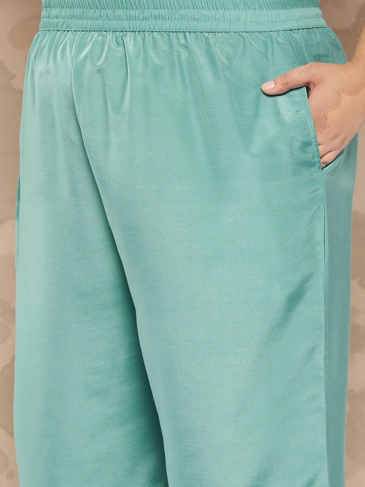 Turquoise Blue Embroidered Silk Blend Straight Kurta With Trousers and Dupatta