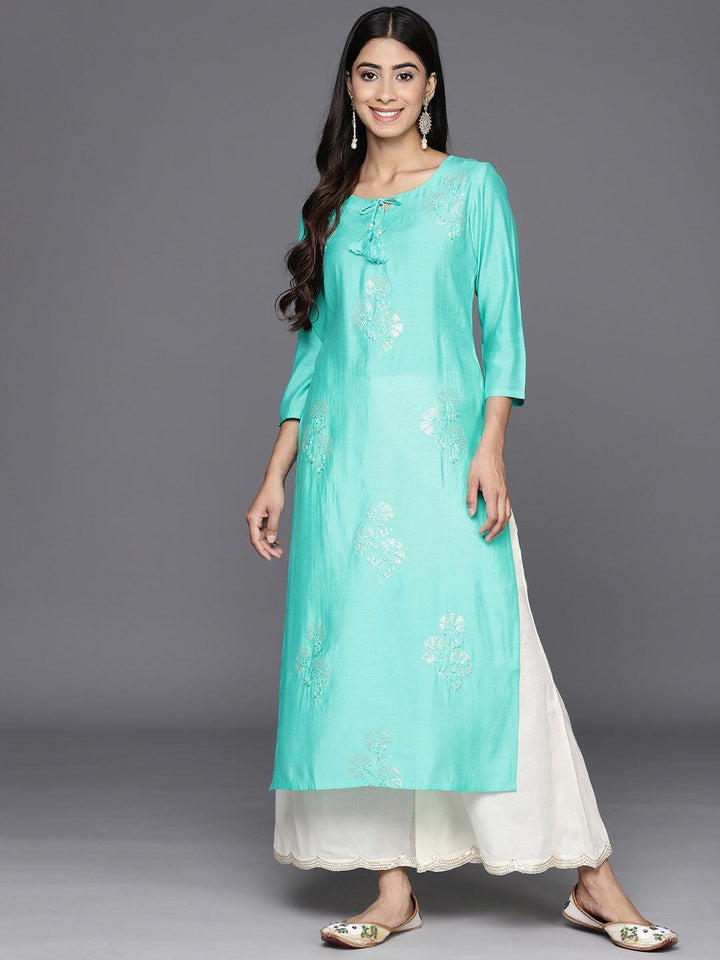 Turquoise Blue Embroidered Silk Straight Kurta